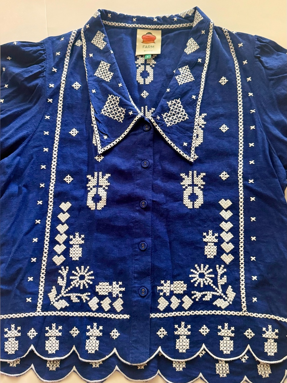 Farm Rio- Blue Embroidered Short-Sleeve Button-Up Shirt